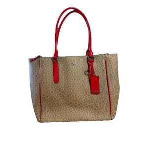 NWT GUESS Tinley Tote Handbag Purse Bag Monogram Brown Red Patent Trim Handles‎